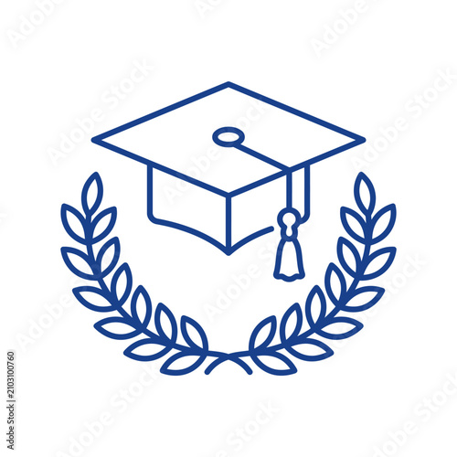 Blue line art graduation logo with mortarboard and laurels.