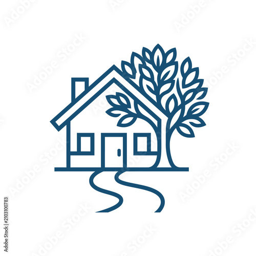 Blue line art of a house and mature tree.