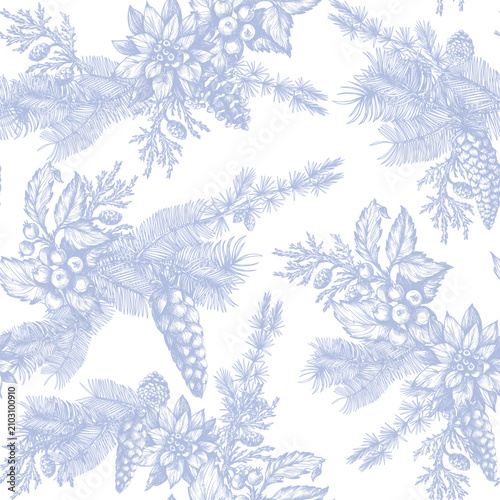 Christmas Pine Toile Seamless Pattern with Vintage Cones Branches Botanical Winter Holiday Design