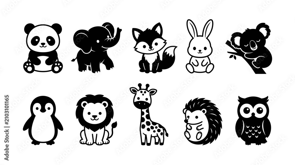 Fototapeta premium Animals Illustrated in Black and White with Simple, Cute Designs Featuring Illustration, Design, Vector with Cartoon and Panda