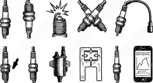 Фотография Automotive Spark Plug and Engine Ignition System Hand Drawn Doodle Icon Set Feat
