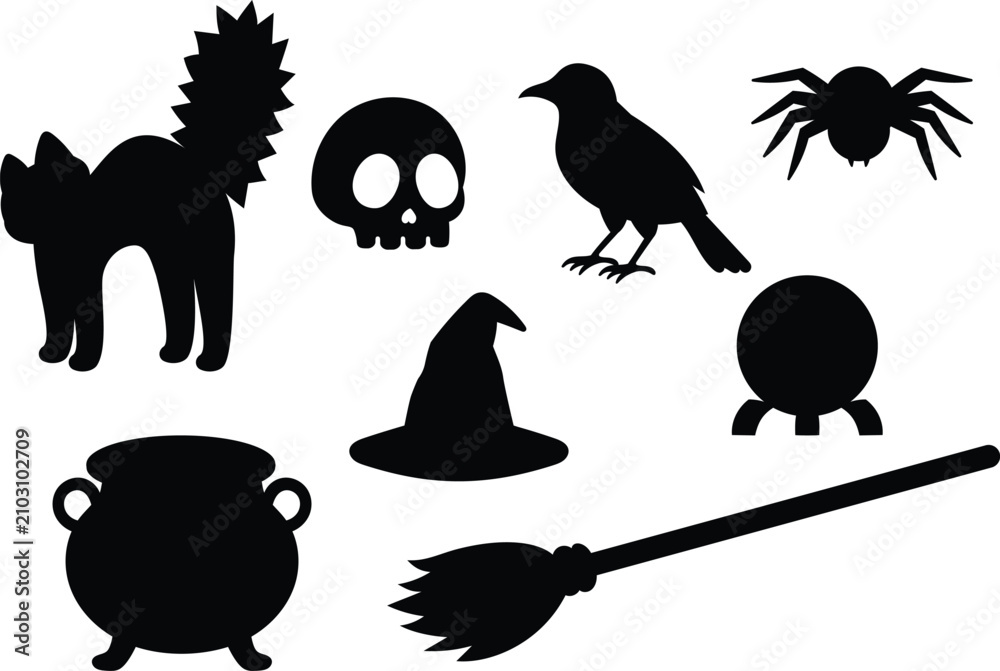 Obraz premium Group of witch craft, hissing cat with puffed-tail, raven, witch hat, witch broom, crystal ball, spider silhouette for halloween decoration vector