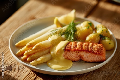 Perfect salmon with white asparagus and baby potatoes in a sunny European setting