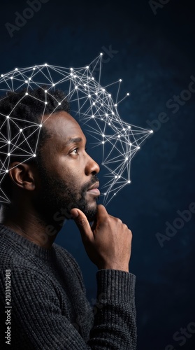 Ideas escape from brain of pensive african man