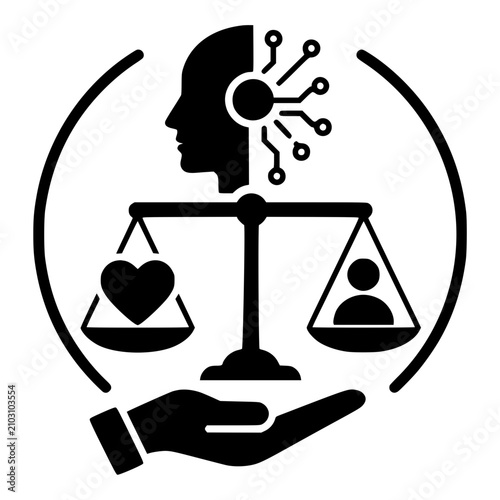 Foto AI Ethics with Balance Scale, Human Profile and Heart, Black Silhouette Vector f