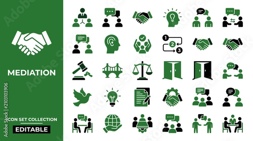 Bild auf Leinwand Mediation and conflict resolution icon set for legal services