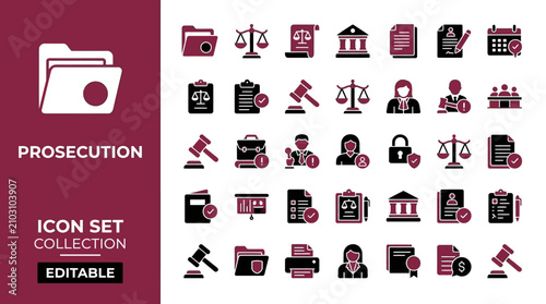 Fotografía Prosecution and legal icon set with law and justice symbols