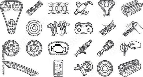 Foto Car Engine Timing Chain and Drive Train Components Hand Drawn Doodle Icon Set Fe