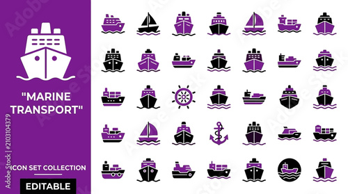 Marine transport icons featuring diverse ship boat and nautical symbols