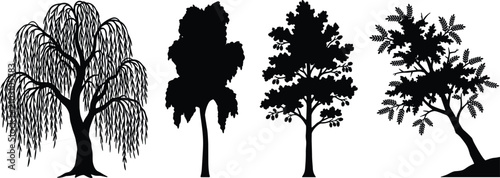 Quadro su tela Collection of Various Tree Silhouettes Illustration Including Weeping Willow, Co