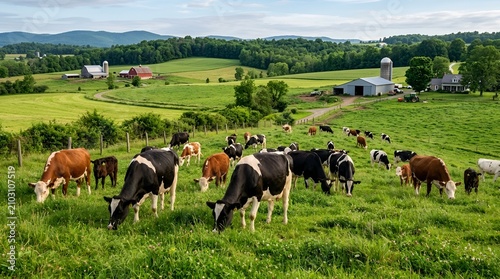 Pastoral farm with herd of cows grazing on green rolling hills, barns, and silos
