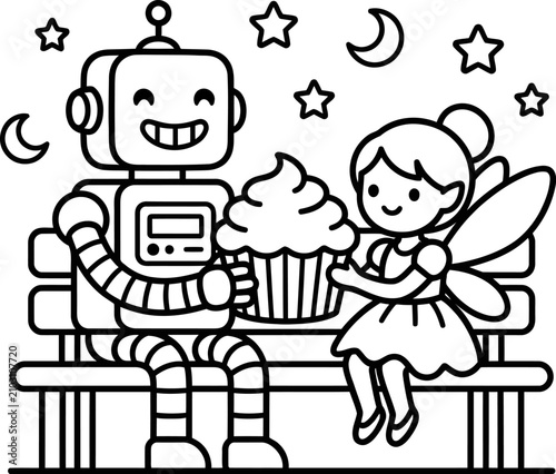 Robot and fairy sharing cupcake, bench, stars, moon, technology, fantasy, cute characters, sweet treat, friendship, cartoon.