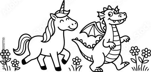 Unicorn and dragon walking together, field, flowers, cute cartoon animals, friendship, fantasy creatures, outdoor scene illustration.