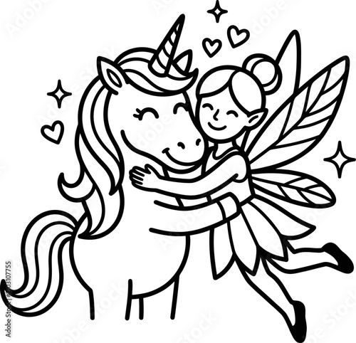 Fairy hugging unicorn, hearts, stars, magic, friendship, fantasy characters, cute illustration, love, embrace, cartoon.