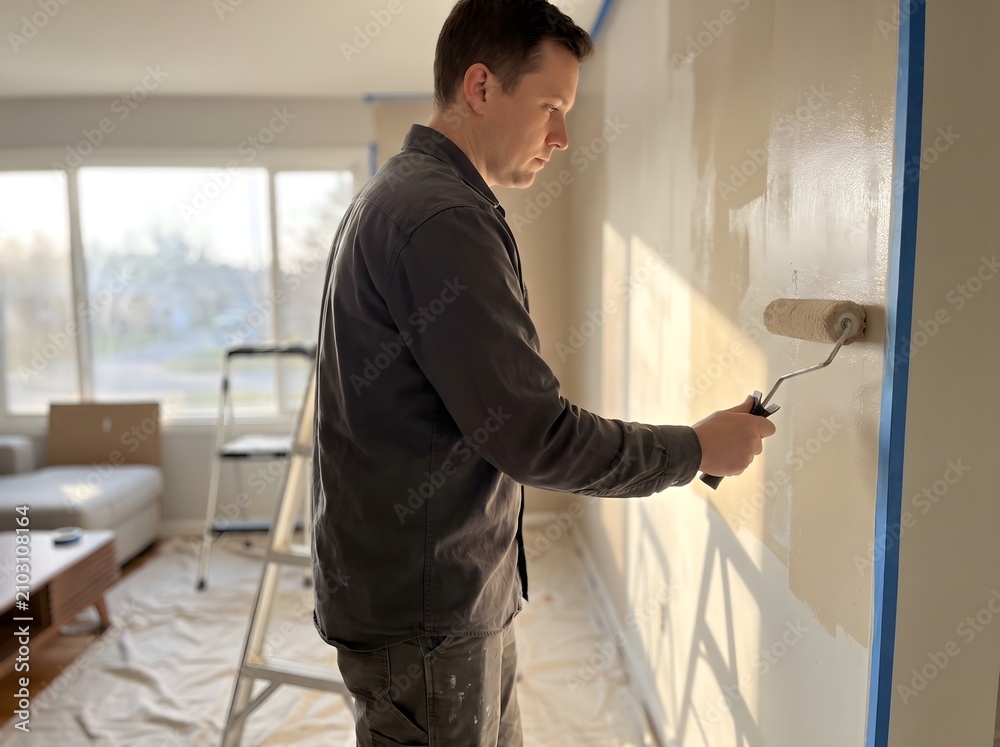 Fototapeta premium Residential home interior renovation by a man with a paint roller
