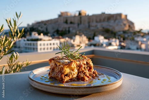 Hearty Greek moussaka sits on a terrace overlooking the historic Acropolis under a warm and glowing evening golden sky