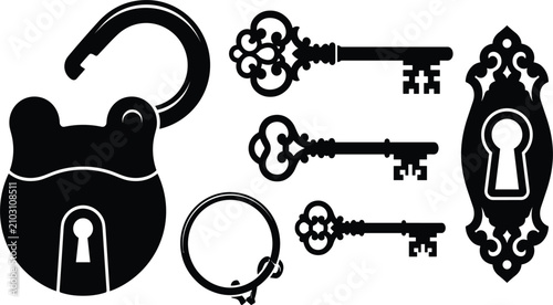 Set of Vintage Padlock, Keyring, Ornate Skeleton Keys, and Decorative Keyhole Silhouette Illustration