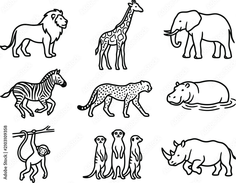 Obraz premium Minimalist black outline drawing set of various wild safari jungle animals on a white background