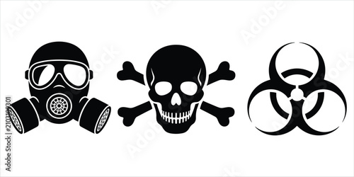 Tableau sur toile Collection of three black hazard symbols: gas mask, skull and crossbones, and biohazard symbol, isolated on white
