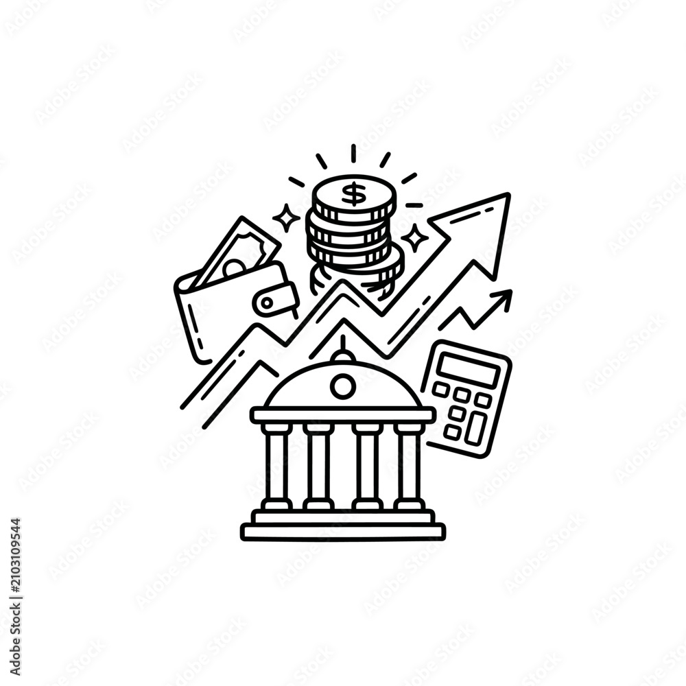 Fototapeta premium Business finance concept with bank building coins and rising arrow.