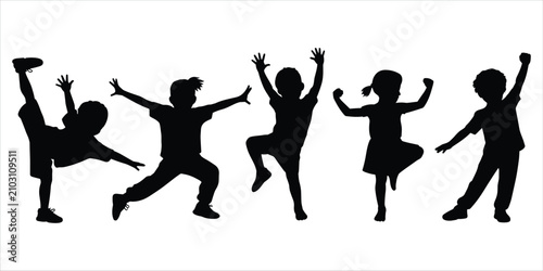 Schilderij op canvas Five black silhouettes of children in dynamic poses, capturing joyful movement a