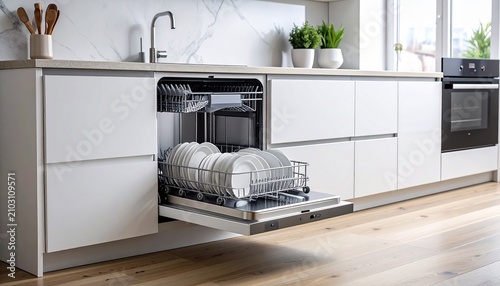 Open Built In Dishwasher with Clean Dishes in Minimal White Kitchen
