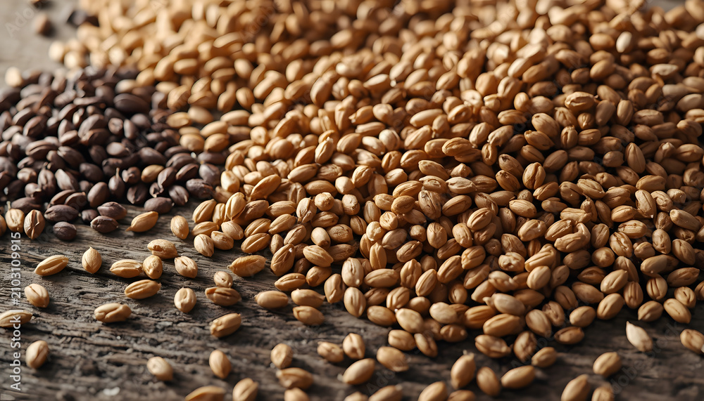 Obraz premium Ultra realistic macro commercial photography of assorted coffee and grain seeds scattered on surface. Detailed texture background of raw energy. Generative AI