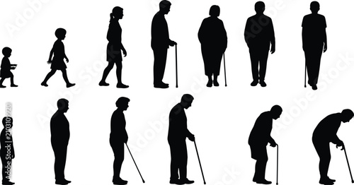 Fotografie Silhouettes of human figures depicting the stages of life from childhood to old age, standing in two rows