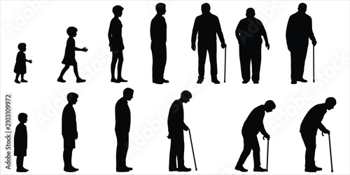 Foto Silhouettes of human figures depicting the stages of life from childhood to old age, standing in two rows