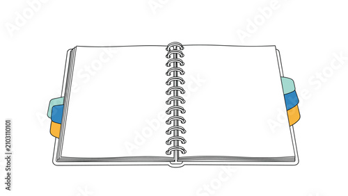 Clear illustration of an open spiral-bound notebook or planner with blank pages and colorful divider tabs, ready for writing or organizing.