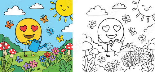 Cuadro en lienzo Gardening emoji character watering plants coloring book page template, cute cartoon smiley face with heart eyes, colored and black and white line art vector illustration