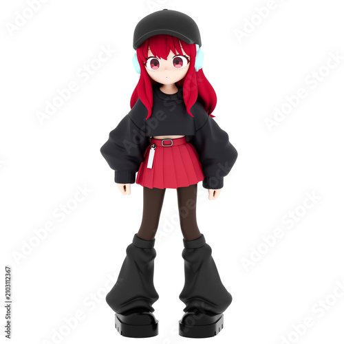3d Render Stylized Red Haired Anime Girl with transparent background