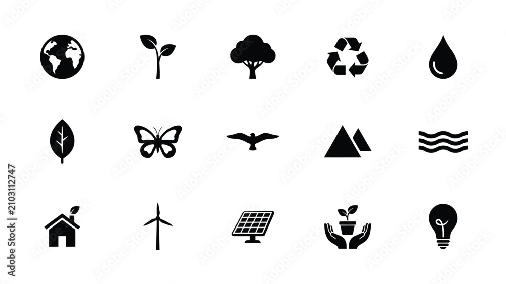 Naklejka premium Modern minimalist icons set featuring sustainability nature with flat design style high contrast against neutral background black white icon collection arranged grid