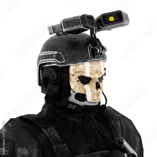 3d Render Tactical Skull Mask Soldier Portrait with transparent background