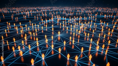 Digital network of people connected by glowing lines representing global communication and social media