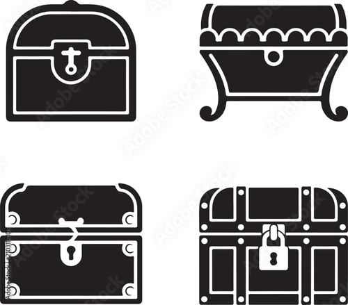 Four black silhouette of antique treasure chests with locks, hinges, and ornate details isolated on a white background