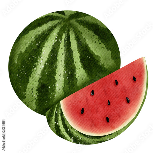 Watercolor Watermelon Whole and Slice Isolated on Transparent Background