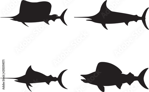 Four black silhouette of billfish including sailfish and marlin in various swimming poses isolated on a white background for
