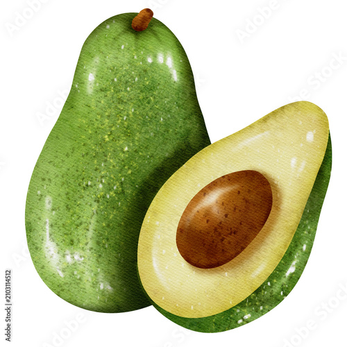 Watercolor Avocado Whole and Half Isolated on Transparent Background