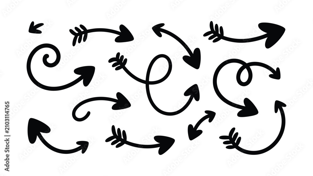 Fototapeta premium Set of hand drawn black ink arrows with various curvy shapes and feathered tails for creative design with isolated white background