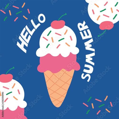 ice cream cone and hello summer with blue background 