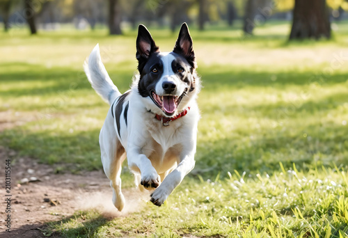 happy black and white dog running outdoors in park