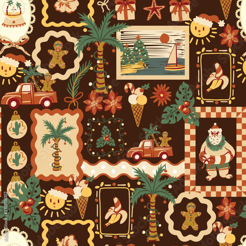 Christmas Tropical Seamless Pattern with Palm Trees Gingerbread Santa Summer Holiday Frames Illustration