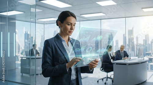 Visionary Female Corporate Leader Interacting with Augmented Reality Hologram Data Screen