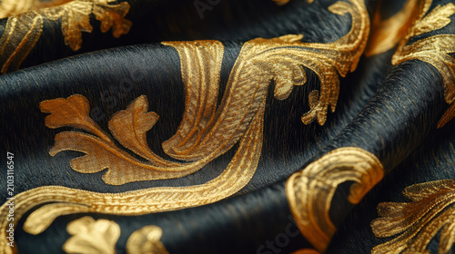 Elegant luxury fabric with gold accents close-up view textured background