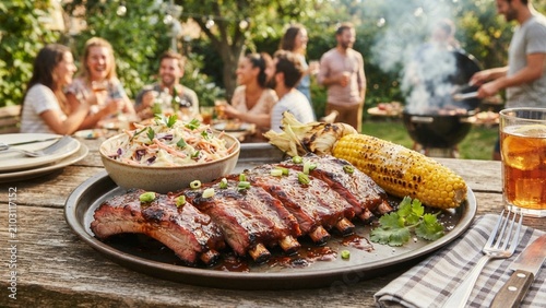 Grilled Barbecue Pork Ribs with Corn on the Cob and Coleslaw at Outdoor Party