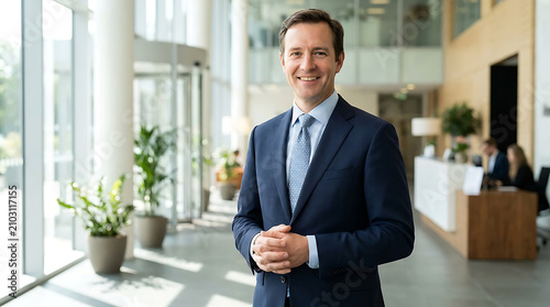 Portrait of Confident Smiling Mature Businessman in Corporate Office Lobby
