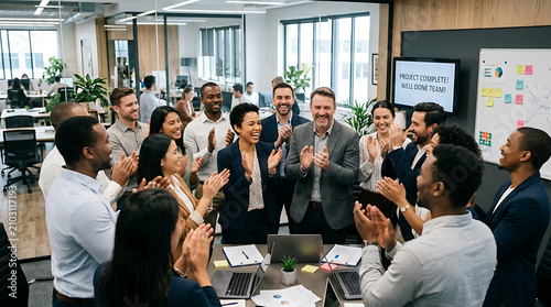 Diverse Business Team Clapping and Celebrating Success at Corporate Meeting