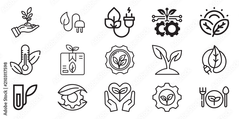 Fototapeta premium Eco Sustainability Line Icons Set | Green Technology, Renewable Energy, Organic Growth & Environmental Vector Collection