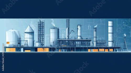 Industrial factories silhouette background. Oil refinery complex with pipes and tanks gas production